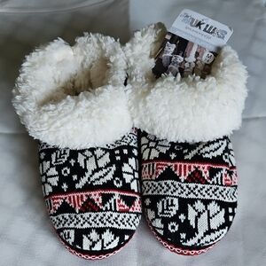 Muk Luks Black and White Knit Slippers with Red Accents